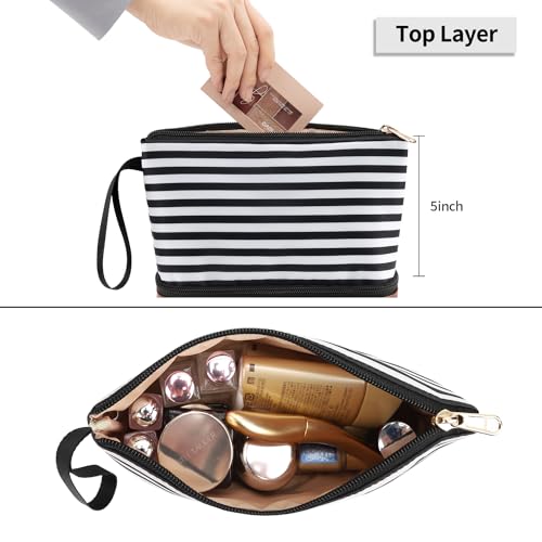 Small Makeup Bag 2 Layers Travel Cosmetic Bag with Makeup Brush Compartment - color: 04-stripe