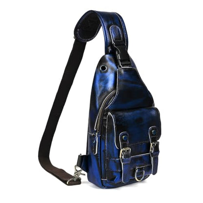 Genuine Leather Hiking Travel DayPack Sling Crossbody Triangle Chest Pack Bag For Men Women 8241 (D-258204 Blue) - color: D-258204 Blue