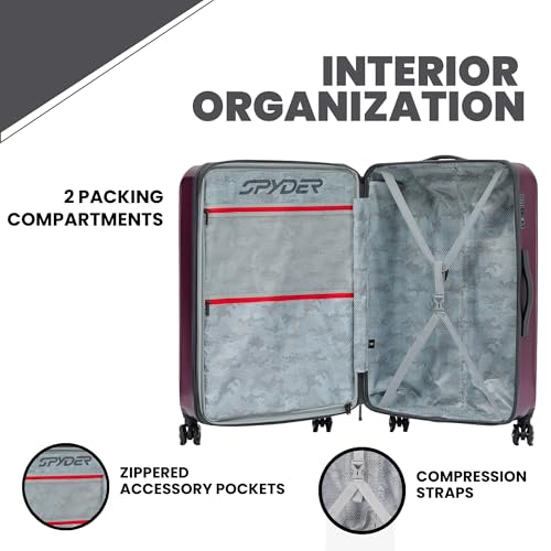 Spyder Rails 25 Inch Expandable Hardside Checked Suitcase with 360° Spinner Wheels, TSA Approved Lock - color: Burgundy, size: Medium Checked