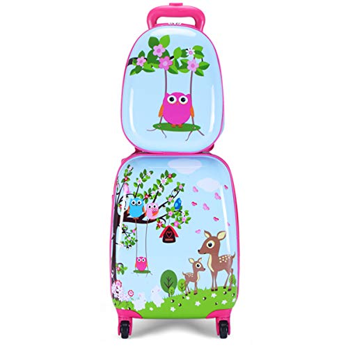 GYMAX Kids Carry On Luggage Set, 12" & 16" 2PCS Rolling Suitcase - color: Deer