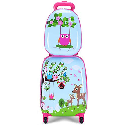 GYMAX Kids Carry On Luggage Set, 12" & 16" 2PCS Rolling Suitcase - color: Deer