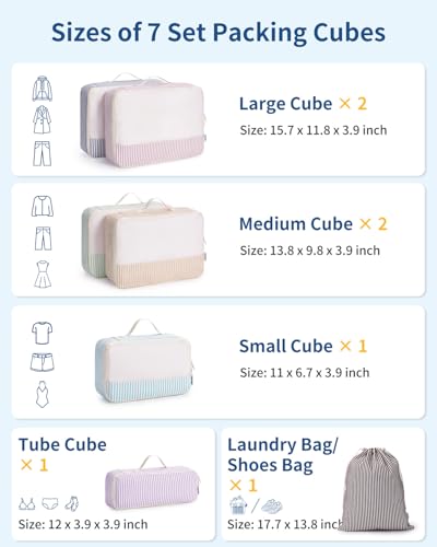 Narwey Packing Cubes for Travel, Luggage Organizer Bags for Women Kids - color: Stripe Combined
