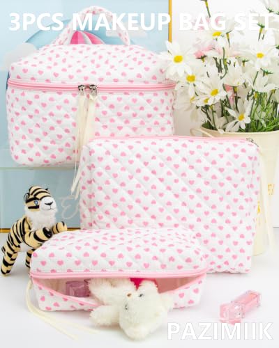 Quilted Makeup Pouch for Women, Travel Cosmetic&Toiletry Bag,Heart Pink - color: Heart Pink