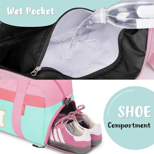 Initial Kids Duffle Bag for Boys or Girls, Kids Overnight Bag with Shoe Compartment, Personalized Weekender bags, Birthday Gifts for Women Boys Girls(Pink Green-Letter M) - color: Pink Green, style: M