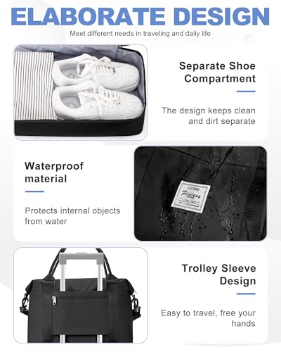 Travel Duffel Weekender Bag Women Tote Carry On Bags With Shoe Compartment - color: H-Black, size: Large