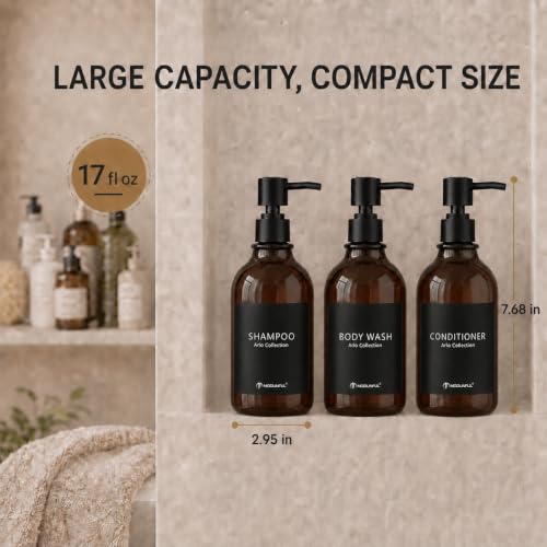 Amber Shampoo and Conditioner Dispenser Set of 3, Black Smooth Pump - color: Amber
