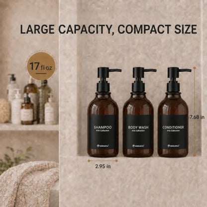 Amber Shampoo and Conditioner Dispenser Set of 3, Black Smooth Pump - color: Amber