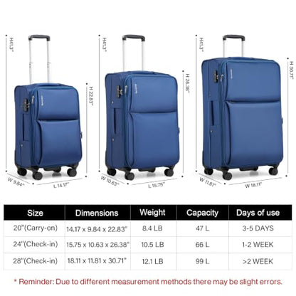 Hanke Luggage Set, 3 Piece 20/24/28 Inch Suitcases with Garment Compartment - color: Blue, size: 3 Pc Set(20/24/28)