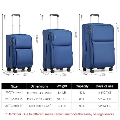 Hanke Large Checked Luggage, 28 Inch Suitcase with Garment Compartment - color: Blue, size: 28 Inch Checked In