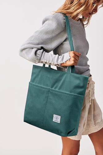 KALIDI Women Corduroy Tote Bag Zipper Casual Tote's Handbag Big Capacity Shoulder Bag with Pockets - color: D-blue
