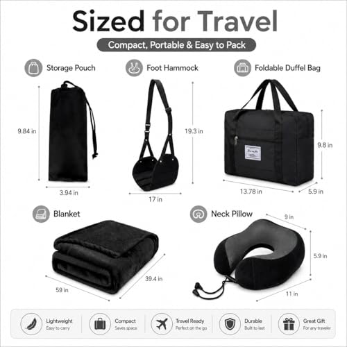 Travel Pillow and Blanket Set - Foot Hammock Rest Airplane Essentials Black - color: Black