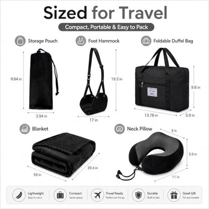 Travel Pillow and Blanket Set - Foot Hammock Rest Airplane Essentials Black - color: Black
