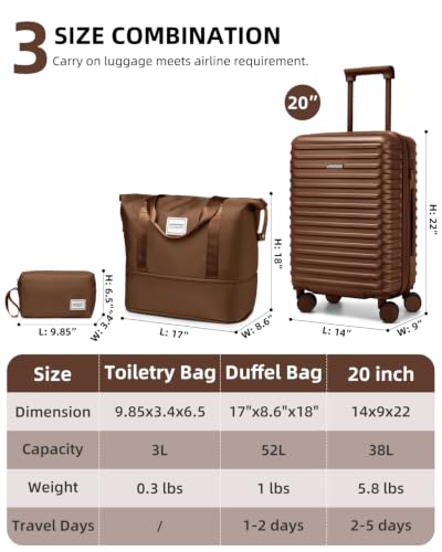 LARVENDER Expandable Carry on Luggage 20inch Suitcase with Wheels, Maple - color: Maple, size: 3 Piece Set (20/DB/TB)