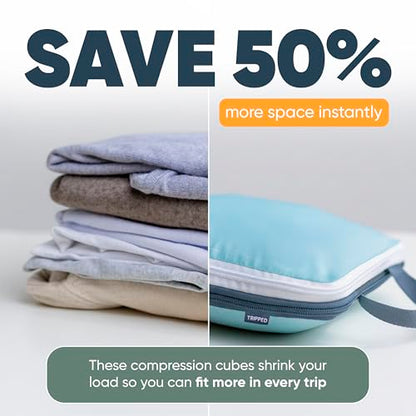 TRIPPED Travel Gear Large Compression Packing Cubes 7-Piece Set for Travel - color: DustyTeal/White