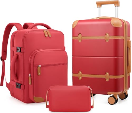 Expandable Carry On Luggage Set, 20In PC Hardside Suitcase with Backpack - color: Red