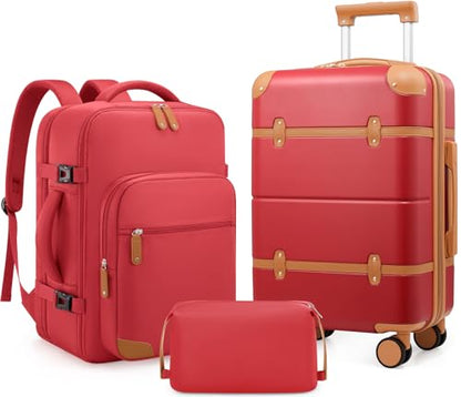 Expandable Carry On Luggage Set, 20In PC Hardside Suitcase with Backpack - color: Red