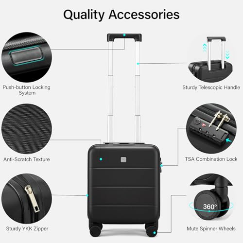 Hanke Underseat Carry On Luggage with Wheels, Hardside Small Suitcase - color: Jet Black, size: 16 Inch