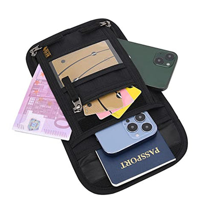 CLAPE Ripstop Nylon Neck Passport Pouch with Detachable Strap RFID Blocking Travel Bag Unisex Multifunction Document Organizer Cell Phone Bag - color: HZB01-Black