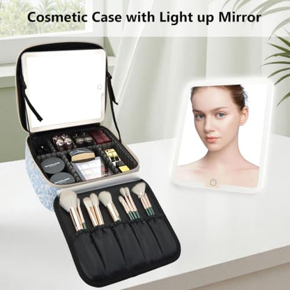 LED 미러 세면도구 가방이 있는 여행용 메이크업 가방, 3가지 조명 설정, 조절 가능한 칸막이 및 메이크업 브러시 보관 가방-블루 플라워 - color: 블루 플라워, size: With LED Mirror Only