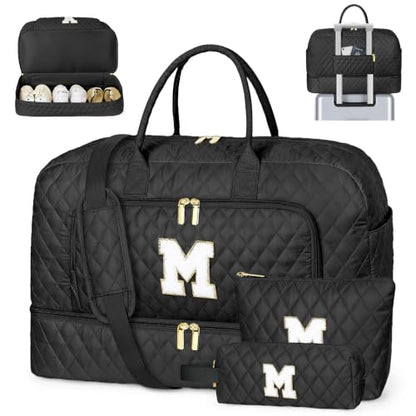 TIBES Initial Weekender Bag for Women, 45L 3PCS Travel Duffle Overnight Bag - color: Black Diamond Quilted, style: M