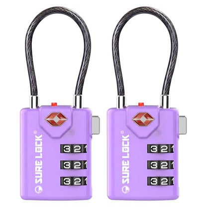 SURE LOCK TSA Approved Luggage Locks with Open Alert Indicator, 3 Digit Combination Cable Travel Lock for Suitcase, Backpack, Gym Locker, Toolbox & Travel Bag(2, Purple 2 Pack) - color: Purple