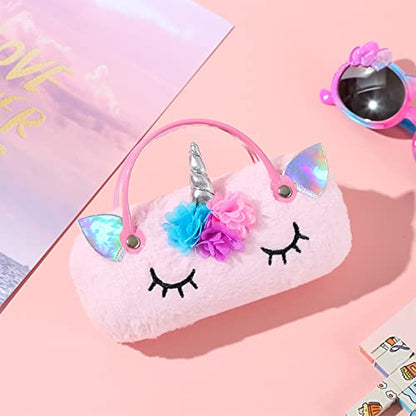 Hifot Plush Hard Eyeglass Case, Makeup Storage Bag Portable Sunglasses Pouch Hard Shell with Handle - color: Pink