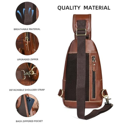 Genuine Leather Hiking Travel DayPack Sling Crossbody Triangle Chest Pack Bag For Men Women 8241 (E-Brown) - color: E-Brown