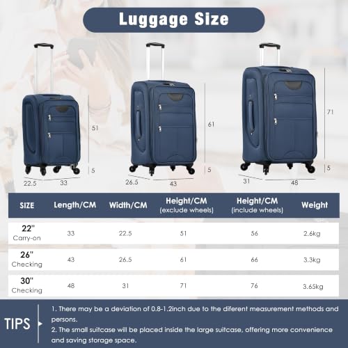 Softside Luggage Set 22/26/30", Expandable, TSA Lock, Spinner, Duffel(Dark Blue) - color: Dark Blue