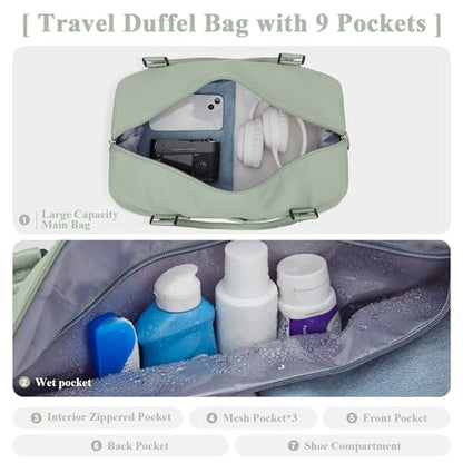 Travel Duffel Bag with Shoes Compartment,Weekender Bags for Women Travel - color: Pale Green, size: Large