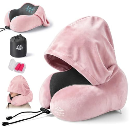 SkytraxComf® Travel Neck Pillow with Hood for Privacy on Long Flights - color: Pink