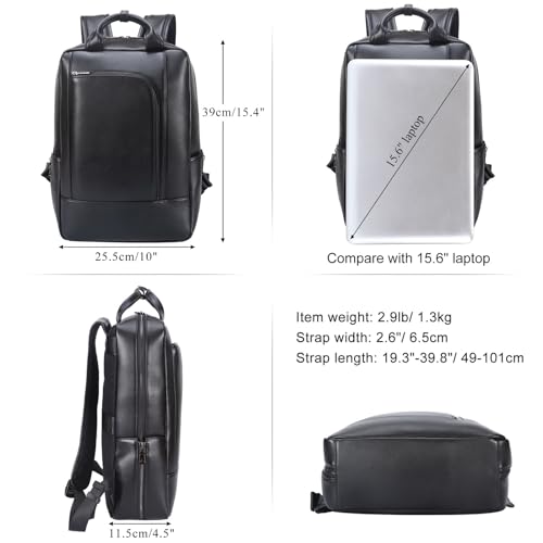 TIDING Genuine Leather 15.6 Inch Laptop Backpack for Work College, Black