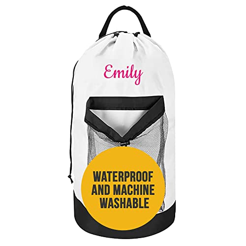 Personalized Laundry Bag Heavy Duty Custom Graduation University XL Bag Backpack with Hanging Shoulder Strap & Mesh Pocket - Back to School College Graduation Gift - Choose Your Font & Thread Color - color: White