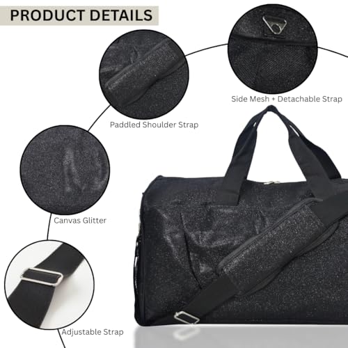 NGIL Glitter Duffel Shoe Compartment Carry On Tote (Glitter-Black) - color: Glitter-Black