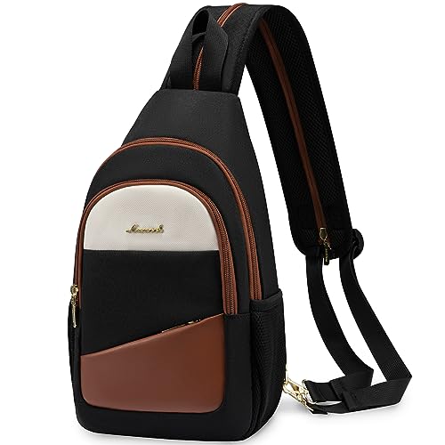 LOVEVOOK Sling Bag for Women, Convertible Sling Backpack Crossbody Bags - color: Brown-white-black