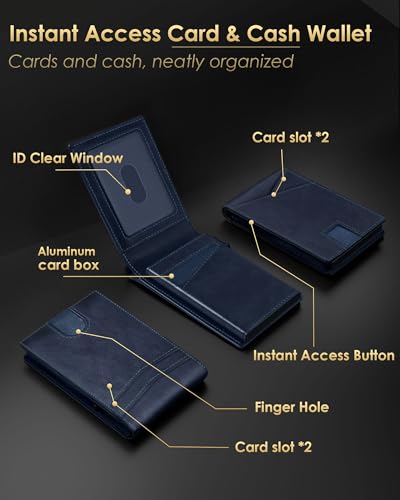 QLD Wallet for Men - RFID Blocking [Functional & Practical] Bifold Slim Minimalist Credit Card Holder Pop Up Metal Case with Cash Slot, Front Pocket with ID Window, Gift Boxed - color: Navy