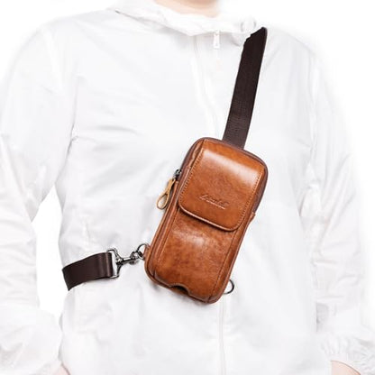 Small Crossbody Bag for Men Women - Genuine Leather Mini Sling Bag with Charging Port - color: Brown