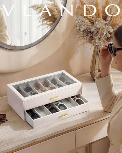 VLANDO 12-Slot Sunglasses Organizer Case with Clear Lid & 2 Drawers,Apricot - color: Apricot Pink, size: 2-layer