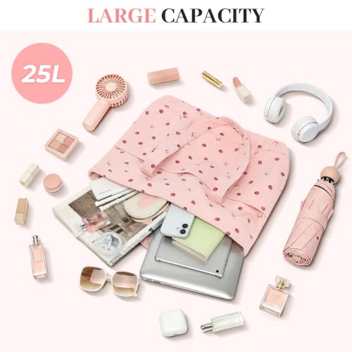 Large Canvas Tote Bag for Women, Beach Bag with Zipper, Utility Tote Bag with 3 Front Pockets, Weekender Pool Bag - color: Pink