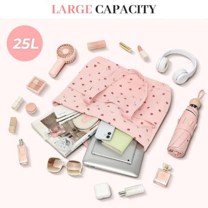 Large Canvas Tote Bag for Women, Beach Bag with Zipper, Utility Tote Bag with 3 Front Pockets, Weekender Pool Bag - color: Pink