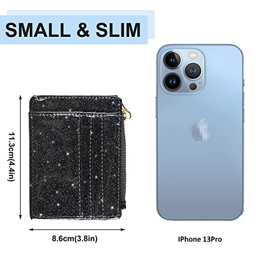 woogwin Slim RFID Credit Card Holder for Women Mini Front Pocket Wallet Purse With Keychain - color: Glitter Black