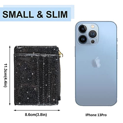 woogwin Slim RFID Credit Card Holder for Women Mini Front Pocket Wallet Purse With Keychain - color: Glitter Black