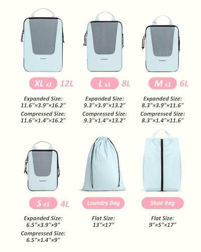 Bagsmart Compression Packing Cubes, Travel Bag Cruise Ship Essentials - color: Sky Blue, size: 6 Set