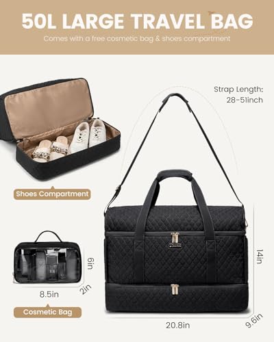LOVEVOOK Travel Duffle Bag, Carry On Weekender Overnight Bag Hospital Bag with Toiletry & Wet Pocket, 3pc Set - color: Classic Black, size: Large With Shoe Compartment-50L