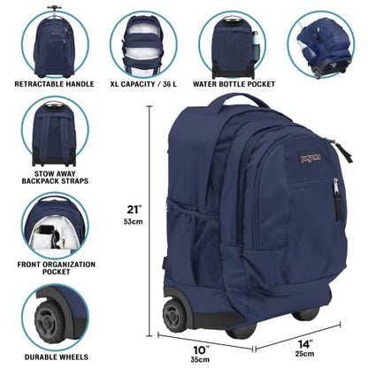 JanSport Driver 8 Rolling Backpack - Wheeled Travel Bag with 15-Inch Laptop Sleeve, One Size, Navy - color: Navy