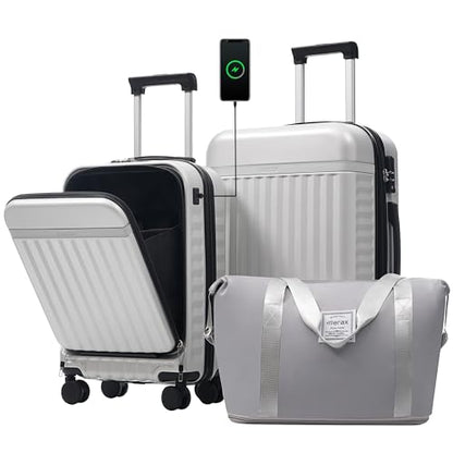 Merax Luggage Sets 2 Piece Front Opening, Hardside 20/24 IN Suitcase - color: White Grey, style: Luggage Set With Top Open 20