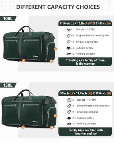 Gonex 80L Foldable Travel Duffle Bag with Shoe Compartment, Lightweight - color: Dark Green, size: 80L