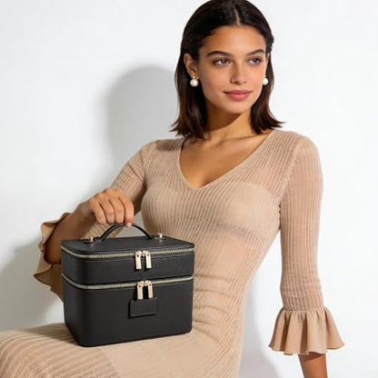 HiTotes Large Makeup Bag Duo Vanity Case for Women Leather Makeup Case Travel Toiletry Bag Portable Double Layer Cosmetic Bag - color: Black