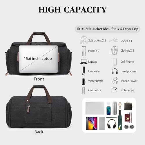 Wildroad Garment Bags for Travel - Canvas Duffle Bag with Shoe Compartment - color: Black 01, size: Large-50L Duffle Bag