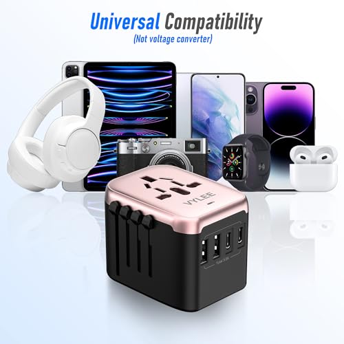 VYLEE Universal Travel Adapter, 5 in 1 International Power Adapter - color: Rose Gold