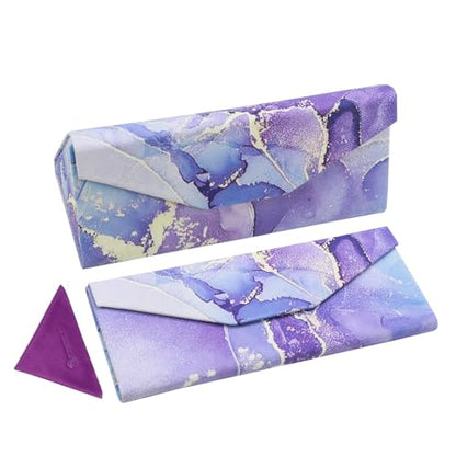 Foldable Glasses Case, Magnetic PU Leahter Sunglasses Case, Cute Hard Shell Folding Eyeglass Cases for Women Kids - color: Purple Marble